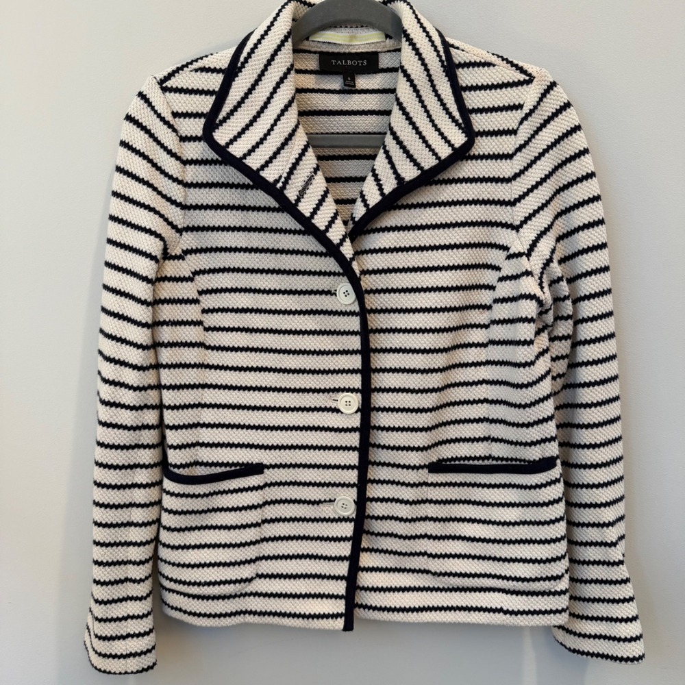 Talbots Women's Small Navy Cream Striped Textured Knit Jacket Quiet Luxury